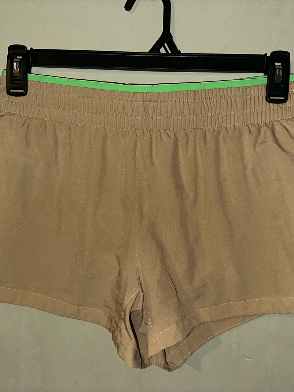 Fabletics Women's Tan Elastic-Waist Shorts with Green Trim